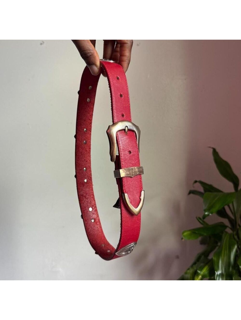 90s Brighton Red Leather Heart Concho Belt gold Western Buckle USA Made M fit XS